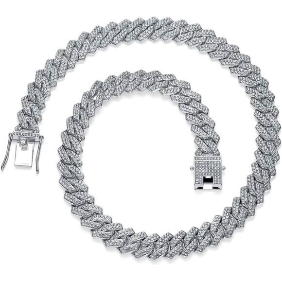 Silver Cuban Link Chain For Men Women Iced Out Chain Miami Cuban Necklace - Picture 1 of 4